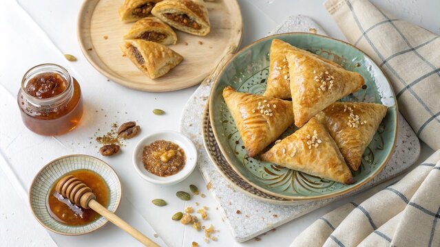 Algerian samsa pastries glazed with honey served on a decorative plate with garnishes