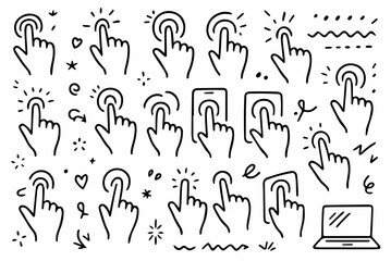 Hand-drawn doodle vector set of tap icons, created in a playful, sketchy style, isolated on white background
