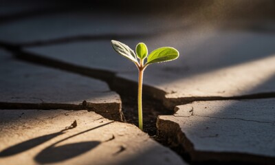 A tiny sprout emerges from cracked earth, bathed in sunlight