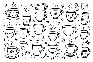 Obraz premium Hand-drawn doodle vector set of tea cups, created in a playful, sketchy, ink-pen style, isolated on white background 