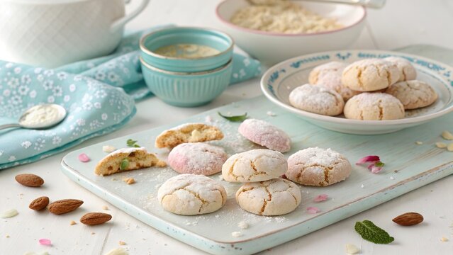 Delicious amaretti almond cookies scattered on a pastel flat surface with a cozy kitchen backdrop