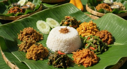 A vibrant array of Indonesian dishes served on banana leaves
