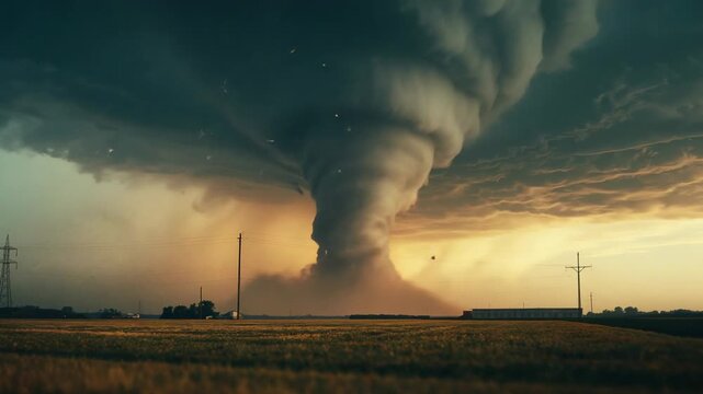 Updraft starting funnel cloud touching ground over golden crop field, with swirling debris and dust