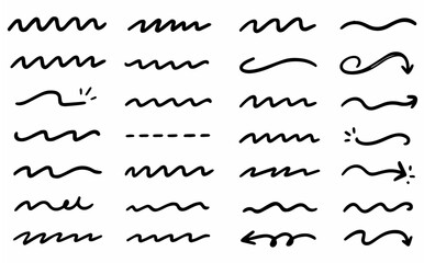 Hand-drawn doodle vector set of underline squiggles, created in a fun, sketchy style, isolated on white background
