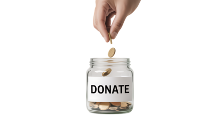 A hand is shown dropping a coin into a clear glass jar visual lesson in personal finance