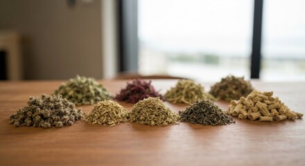 Assorted piles of dried herbs and spices on a light brown wooden table. Variety of colors including muted greens, browns, purples, and pinks.