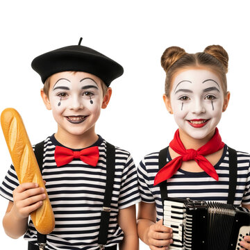 PNG of Two children dressed as mimes, holding a baguette and an accordion, showcasing a playful and artistic spirit.