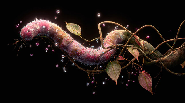 A macro view of a segmented pink worm intertwined with vine and leaves, glistening with dewdrop-like embellishments