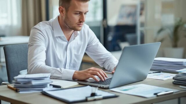 Entering office worker wearing shirt unfolding laptop typing and consulting charts for data entry