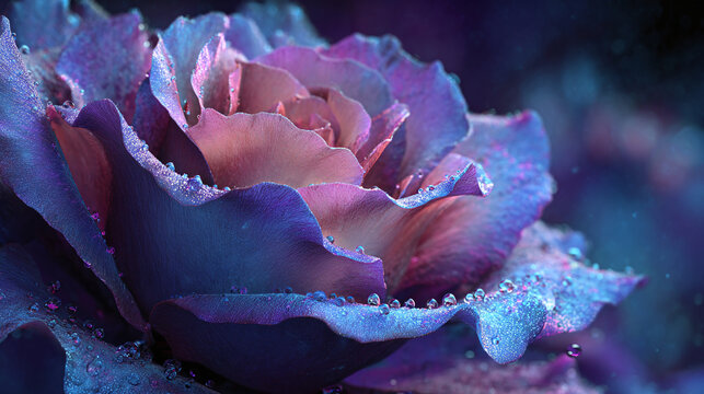 A close-up of a blooming rose, with a vibrant play of color and water droplets, creating a sense of natural beauty. The petals display shades of pink and purple. - Powered by Adobe