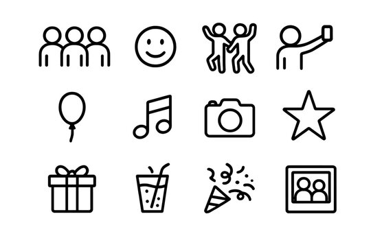 Group Fun Icons. Group fun. Line outline icon set of group fun: friends, smile, dance, selfie, balloon, music