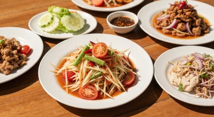Assorted Thai dishes on wooden table