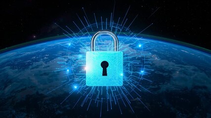 Appearing digital padlock icon pulsing circuitry above Earth horizon in space showing data security - Powered by Adobe