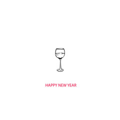 Clean line art illustration of a celebratory wine glass with a drink, alongside 'Happy New Year' text, perfect for seasonal greetings and minimalist holiday designs