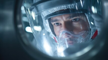 Engineer wearing full protective gear including face shield securing beryllium samples in a sealed container to ensure contamination control.