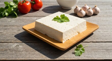 Block of firm tofu on a wooden plate, surrounded by fresh produce