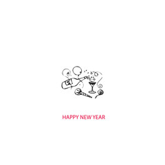 Hand-drawn sketch depicting a joyous New Year celebration. Features a popping sparkling wine bottle, a drink glass, party balloons, and confetti, symbolizing new beginnings and festive spirit
