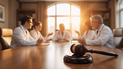 Healthcare Professionals in Intense Discussion with Gavel on Table, Symbolizing Medical Legal Review in a Sunlit Boardroom