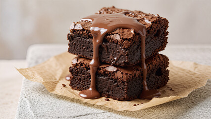 Delicious Stack of Gooey Chocolate Brownies Drizzled with Melted Sauce, Ready for a Sweet Indulgence