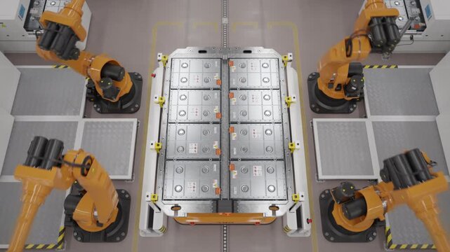 Fully automated EV production line with robotic arms assembling battery modules for the automotive industry. Modern autonomous car factory. Top to front view move. 3d animation render