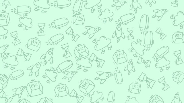 Clouds, rockets, usb drives, esc keys, and hourglasses outlines for techthemed designs. Perfect for website backgrounds or digital presentations.