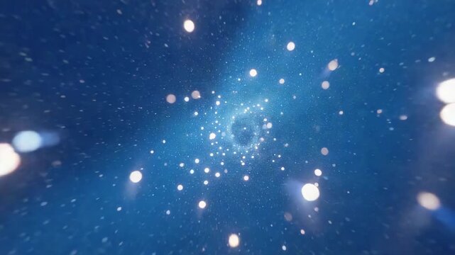 Starting glowing light particles spiraling toward center in deep blue space, forming vortex