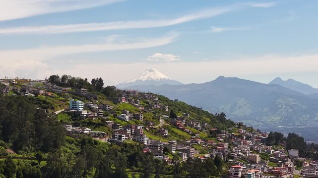 Aerial View of Cotopaxi Volcano and Quito City on a Sunny Day, Ecuador
