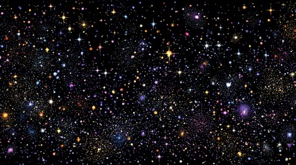 A vibrant cosmic expanse showing a dark backdrop and many multicolored stellar orbs