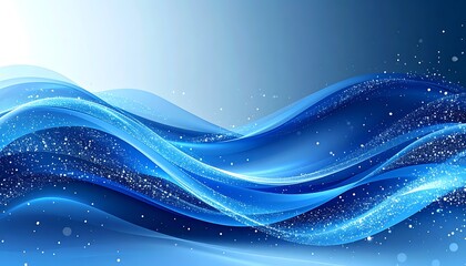 Abstract blue waves with glitter particles overlay against a gradient backdrop; bright, flowing, and visually striking