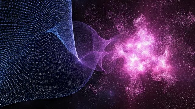 Abstract digital art of a quantum particle collision or cosmic explosion with colorful particles and waves
