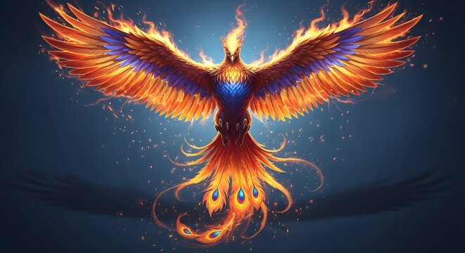 Majestic fiery phoenix rising from ashes with glowing wings