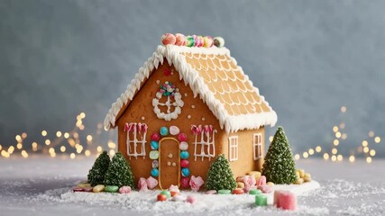 Miniature gingerbread cottage with icing trees and candy snow captures magical christmas village mood and festive winter celebration spirit - Powered by Adobe