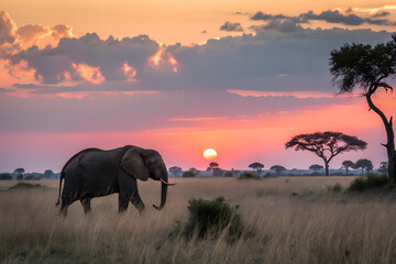 Fototapeta premium elephants at sunset