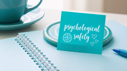 Teal Note Card with 'Psychological Safety' Message on a Desk with Notebook and Pen
