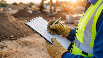 Construction Worker Performing Site Inspection, Checking Checklist on Clipboard During Sunset