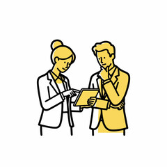 Minimal Businesswoman Giving Feedback to Coworker Over Shared Tablet Device &ndash; Line-Art Vector