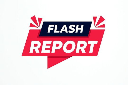 Bold red and white flash report banner with dark blue accent and bursting red elements announcing urgent news