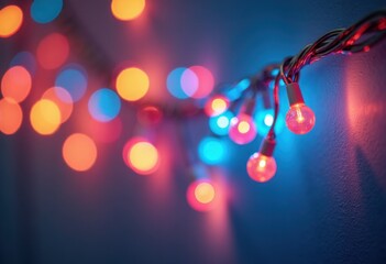 Blue bokeh background with Christmas garland of colorful LED lights, abstract festive poster template