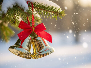 Golden christmas bells with red ribbon hanging on snow covered fir branch with falling snow and soft winter light, outdoor holiday decoration