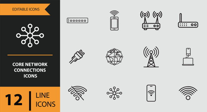 12 core network connections outline icons set isolated on white background