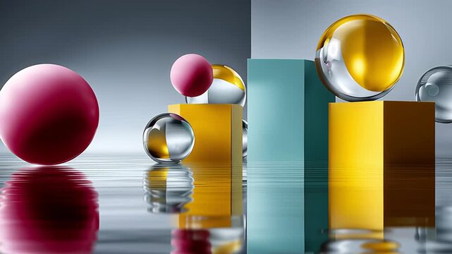 Metallic and glass spheres rolling, bouncing near vibrant geometric shapes on mirrored surface, forming dynamic abstract visual arrangement