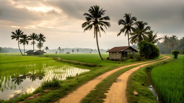 village scene Bangladeshi with coconat trees dirt road mud house and rice fields