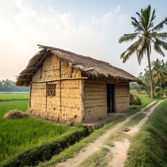 Bangladesh village scene with palm trees dirt road mud house and rice fields