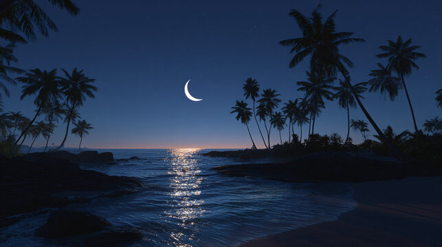 A serene tropical beach scene at night, featuring a crescent moon and palm trees reflecting in the ocean. The tranquil scene evokes a sense of peace and tranquility. - Powered by Adobe