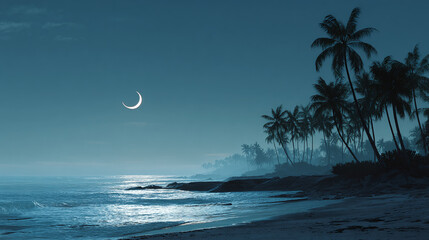 A serene night beach scene with a crescent moon over the ocean and palm trees outlining the coast. The scene is bathed in a soft blue light, enhancing the tranquil atmosphere