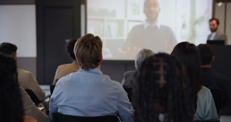 Video conference, audience or presenter with projector for trade show, teaching or lecture for staff development. Tech screen, employees or people listen to speech for webinar, education or mentoring
