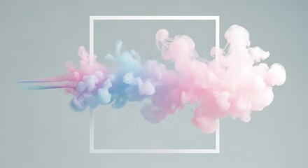 Pastel pink and blue smoke moving through white square frame, abstract art.