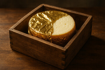 A smooth, light cheesecake wrapped in golden foil, carefully placed inside a dark wooden presentation box.