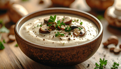 mushroom cream sauce in bowl, earthy tone, visible mushroom bits, soft studio lighting
