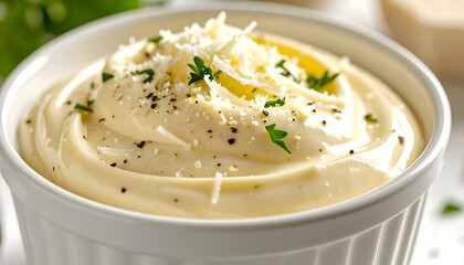 creamy alfredo sauce close-up in white ramekin, thick parmesan texture, soft studio lighting
